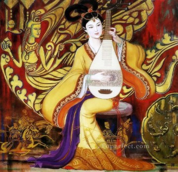 中国 Painting - リュートを演奏する中国の女の子 王德德